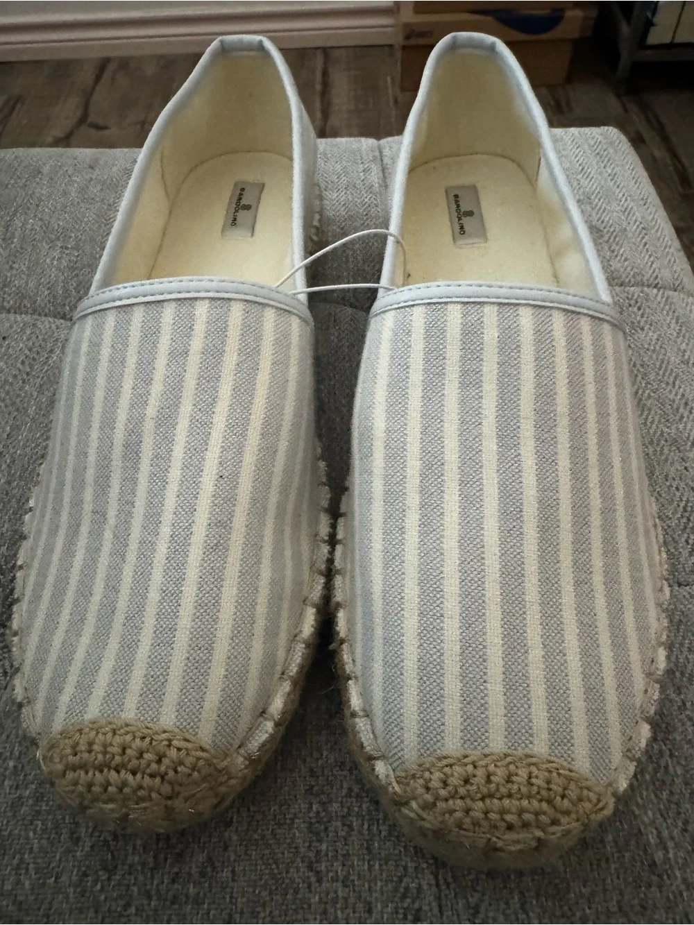 NWOT, Bandolino sparkly blue/ white striped espadrille’s. Size 10.